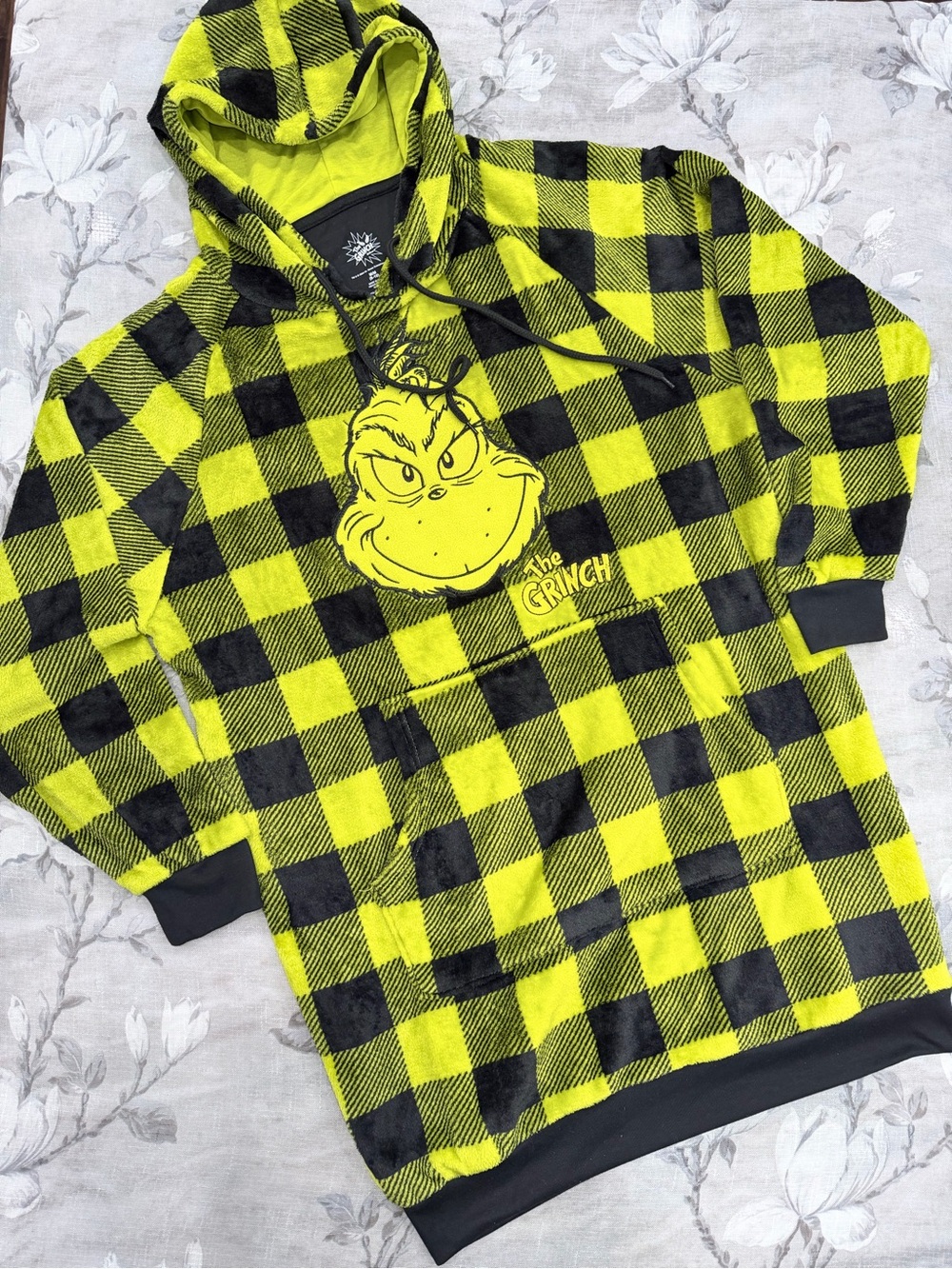 The Grinch Fleece Hoodie Women’s Medium Green Buffalo Plaid Dr Seuss pajama